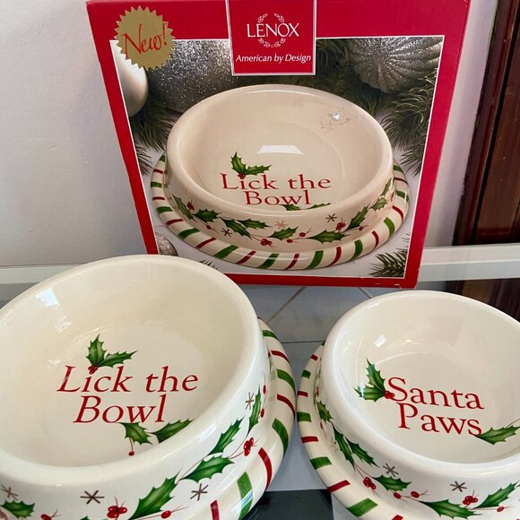 (2) VTG Lenox Christmas "Santa Paws" "Lick The Bowl" Pet Food ivy Berry Ceramic - Picture 1 of 15